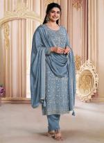 Chinnon Silk Sea Blue Wedding Wear Embroidery Work Straight Suit